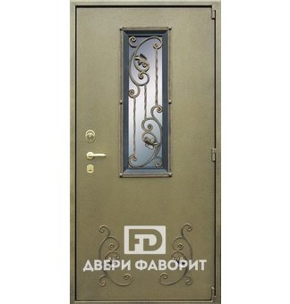 дверь из металла с порошком оборудована стеклом и коваными элементами