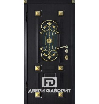 стальная парадная дверь с ковкой под золото и стеклом, отделка чёрный винорит